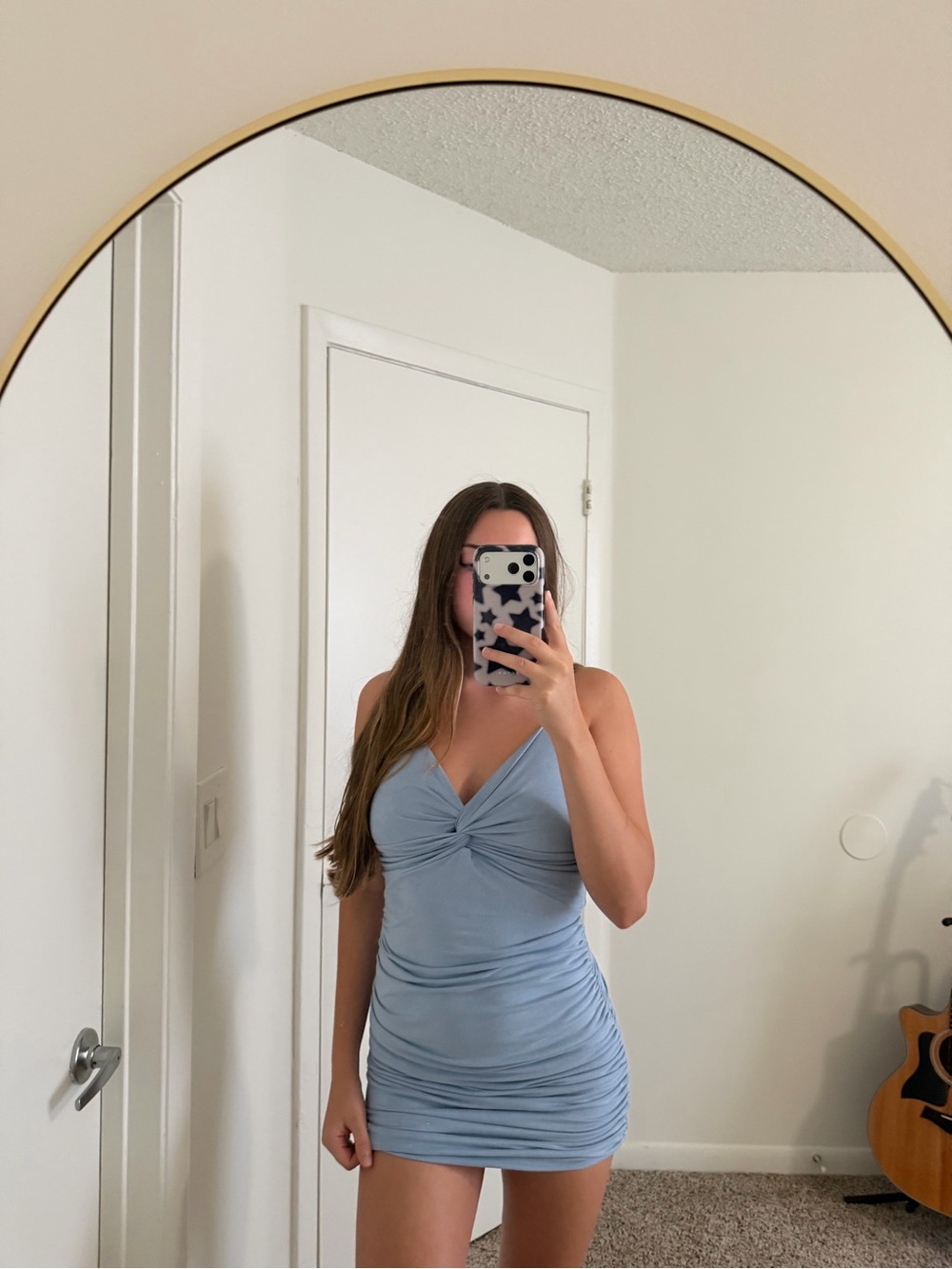 Lucy in the Sky Light Blue Twist-Front Ruched Mini Dress